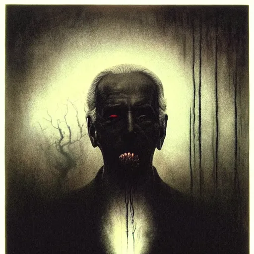 Image similar to presidential portrait of joe biden with shadowy mist pouring from mouth and nose as slenderman, by beksinski, jon mcnaughton, and stephen gammell