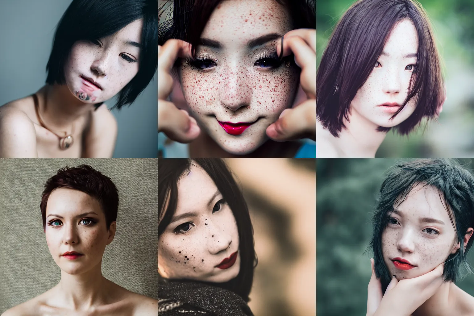 Prompt: photograph portrait of a beautiful woman in the style of guweiz, short hair, freckles, septum piercing, sigma 85mm f/1.4