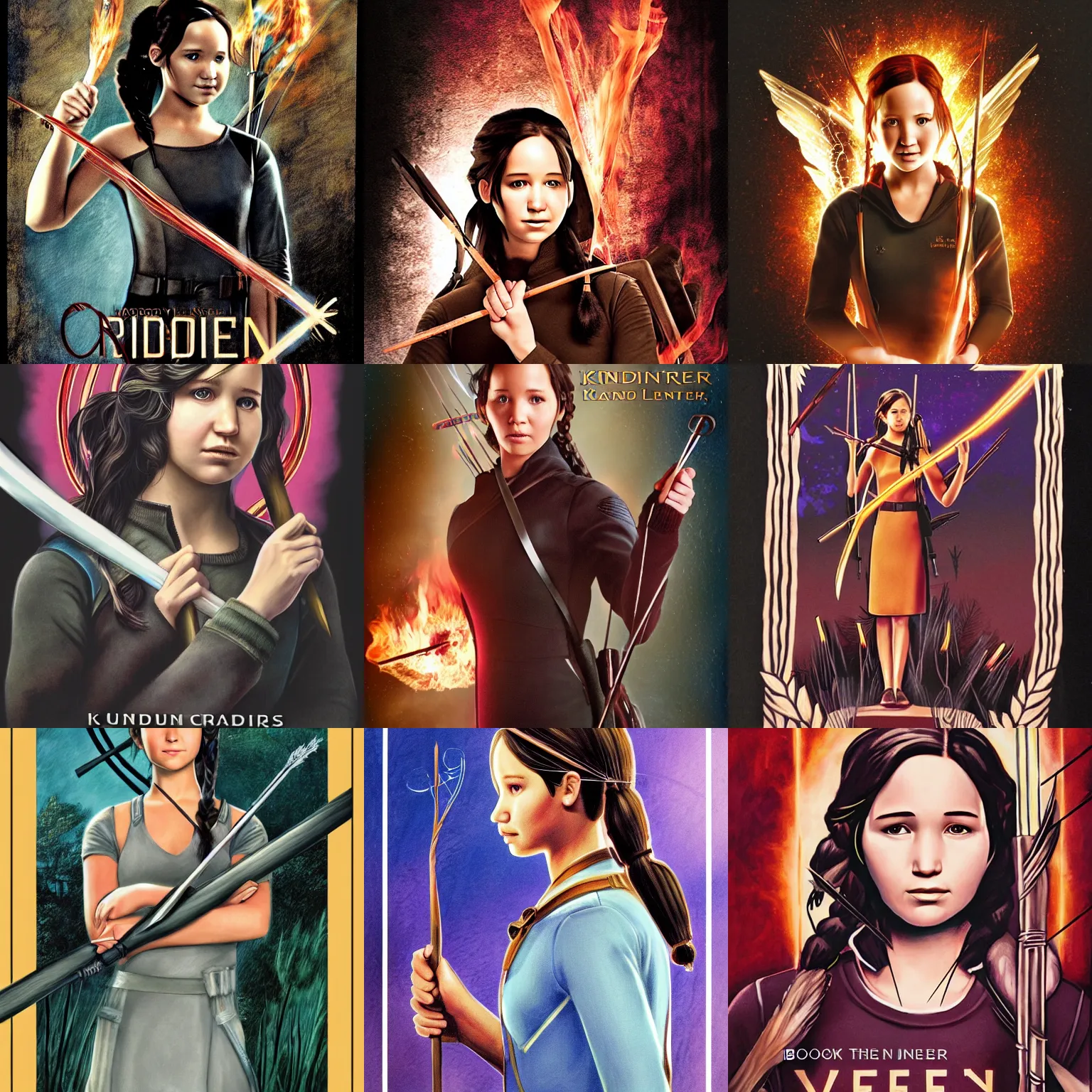 Prompt: book cover, katniss everdeen holding the elder wand, cover art by mary grandpre