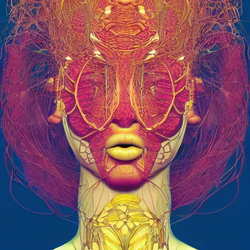 Prompt: the head of a beautiful woman partially made of bananas, an ultrafine detailed illustration by james jean, final fantasy, intricate linework, bright colors, behance contest winner, vanitas, angular, altermodern, unreal engine 5 highly rendered, global illumination, radiant light, detailed and intricate environment