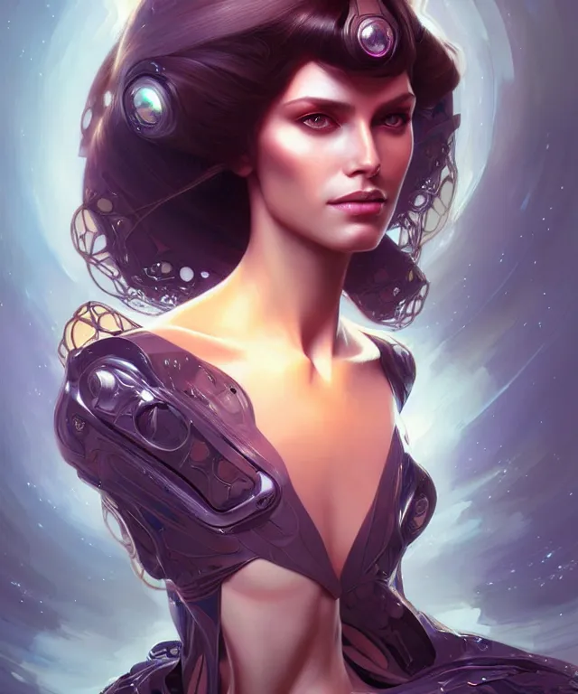 Image similar to futuristic woman portrait, sci-fi, amber eyes, face, long hair, fantasy, intricate, elegant, highly detailed, digital painting, artstation, concept art, smooth, sharp focus, illustration, art by artgerm and greg rutkowski and alphonse mucha