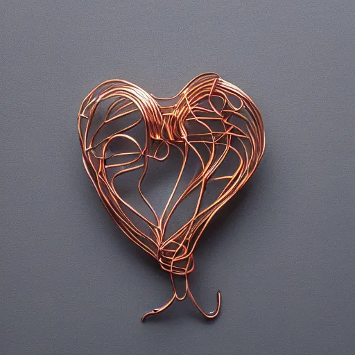 Image similar to a very beautiful tiny human heart organic sculpture made of copper wire and threaded pipes, very intricate, curved. studio lighting, high resolution, high quality, black background