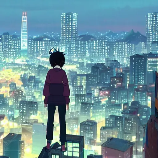 Image similar to A screenshot of the girl on the a night city view of Seoul in the scene in the Makoto Shinkai anime film Kimi no na wa, pretty rim highlights and specular