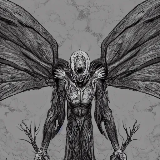 Image similar to 4K headshot of mothman with defined arms and open hands and bloody victims with giant wings , intricate face , flawless anime cel animation by Kentaro Miura,psychedelic , highly detailed upper body , professionally post-processed , beautiful, scary, symmetry accurate features, epic, octane rendered, anime masterpiece, accurate