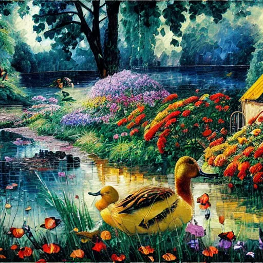 Prompt: flowers and ducks by arthur adams, john stephens, leonid afremov, chiho ashima, karol bak, david bates