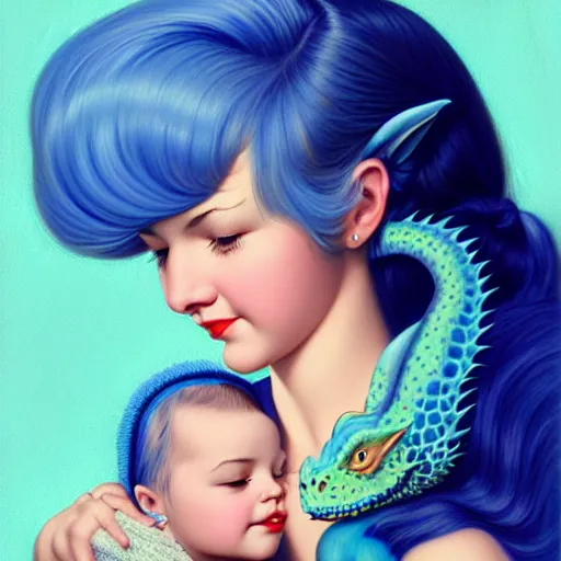 Image similar to head and shoulders portrait of a girl with blue hair and her cute baby dragon, illustration, medium shot, intricate, elegant, highly detailed, digital art, ffffound, art by gil elvgren and sachin teng