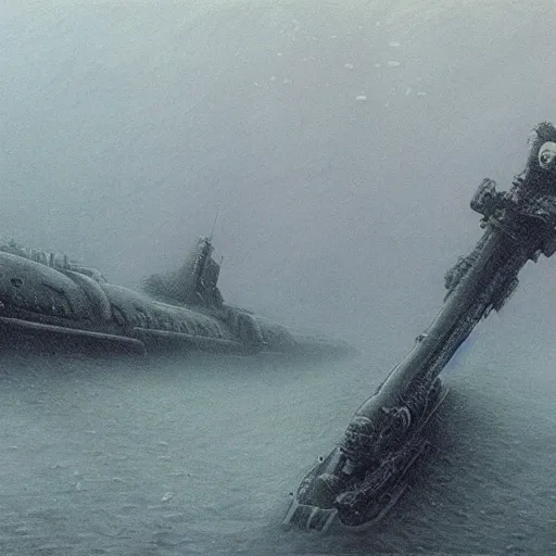 Image similar to underwater rover footage of shipwrecked soviet submarine dark fantasy, intricate, smooth, artstation, Wayne Barlowe, zdislav beksinski