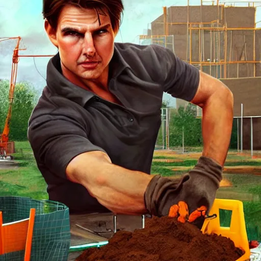 Image similar to tom cruise dressed as a construction worker planting fries, digital art, highly - detailed, artstation cgsociety masterpiece