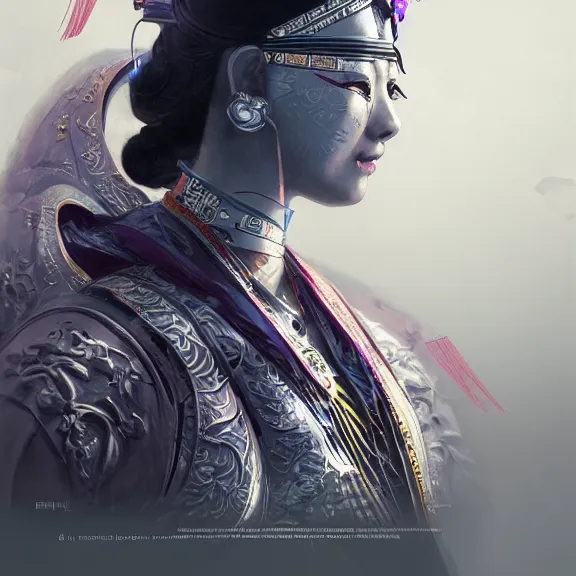 Image similar to ancient chinese princess with cyberpunk mask, dynasty warriors, elegant, unreal engine, rgb background, 8 k, silver color scheme, headshot, highly detailed, smooth, ink painting, artstation, concept art, in style of yoji shinkawa, pan ren wei, col price, atey ghailan, by greg rutkowski, aesthetic