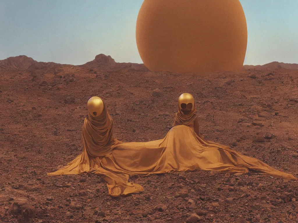 Image similar to glowing bene gesserit in full - face golden mask in a dry rocky desert landscape with abandoned city beneath the sand and giant alien spaceship in the sky attacks the earth by christopher doyle and alejandro jodorowsky, anamorphic lens, kodakchrome, cinematic composition, very detailed photo, 8 k,