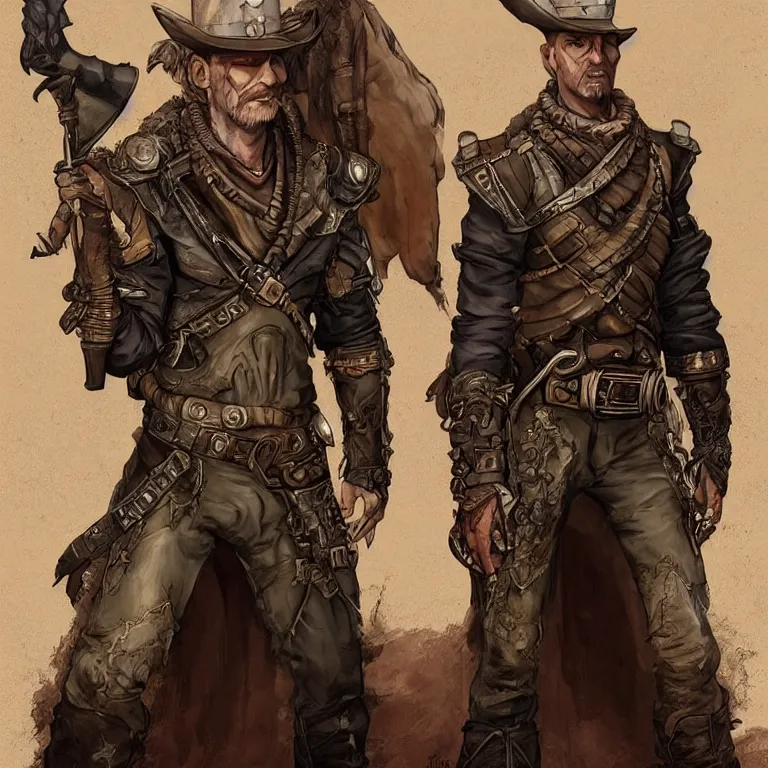 Prompt: full body+ face concept art of a post-apocalyptic sheriff marshal in the style of high fantasy art in the style of Wild west art trending on artstation deviantart Pinterest detailed realistic High Resolution HD 8k