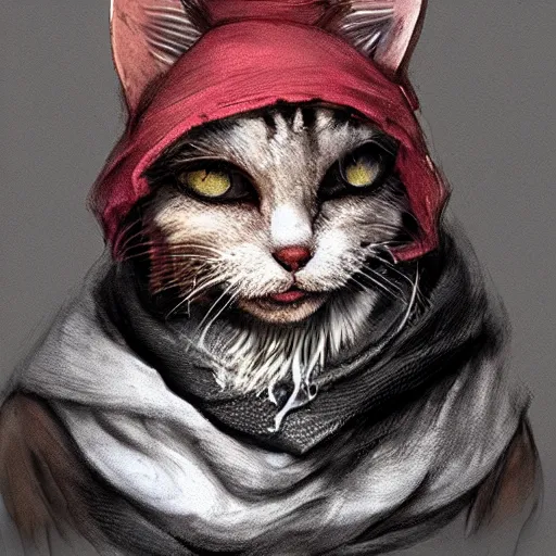 Image similar to dirty homeless humanoid cat wearing rags, concept art, d & d, fantasy, trending on artstation