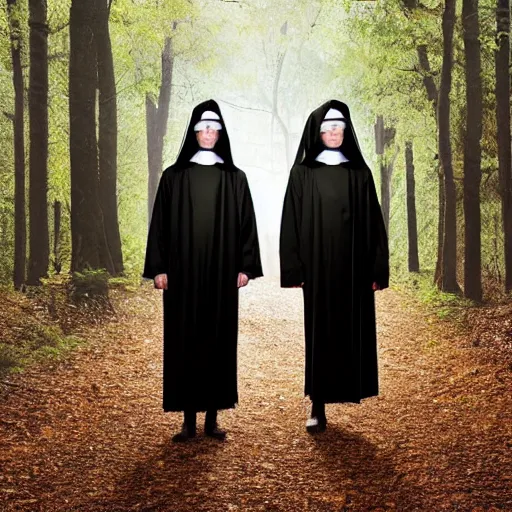 Prompt: award winning photo Floating twin nuns faces like dogs, wearing translucent habits Very long arms, in a forest, eerie, frightening —width 1024 —height 1024