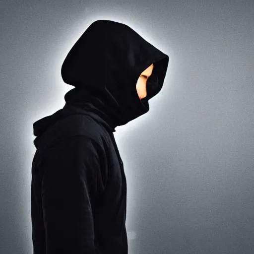 Image similar to realistic photo of hacker, black background, hood, face doesn't visible, computer, extremely detailed, sharp focus, front view, minimalism, masterpiece,