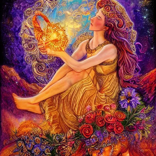 Image similar to goddess by josephine wall, sitting on flying golden ram, checking her phone, erupting volcano in distance, flowers in foreground, sun setting on right side of image, stars in sky on left side of image, trending on artstation, fantasy, intricately detailed