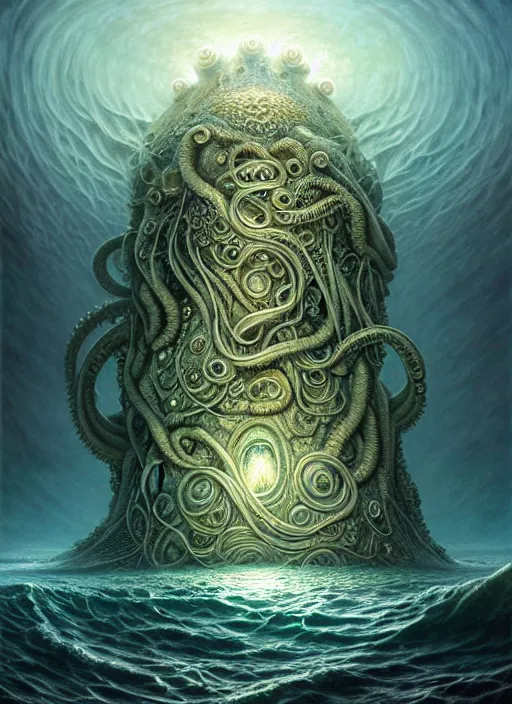 Image similar to cthulu emerging from ocean, a scenic dystopian environment, lovecraftian, intricate, elegant, highly detailed, centered, digital painting, artstation, concept art, smooth, sharp focus, illustration, artgerm, tomasz alen kopera, peter mohrbacher, donato giancola, joseph christian leyendecker, wlop, boris vallejo