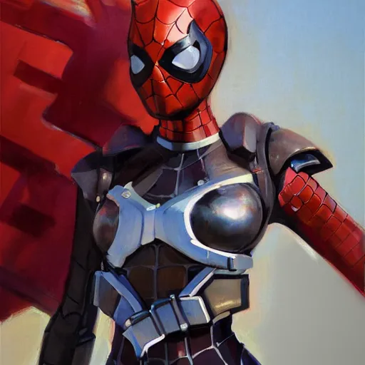 Image similar to greg manchess portrait painting of partially armored female iron spiderman as overwatch character, medium shot, asymmetrical, profile picture, organic painting, sunny day, matte painting, bold shapes, hard edges, street art, trending on artstation, by huang guangjian, gil elvgren, ruan jia, greg rutkowski, gaston bussiere