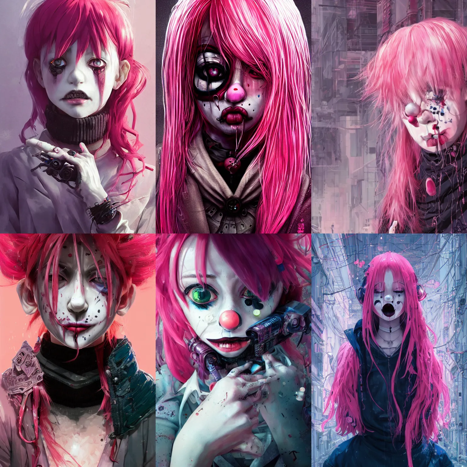 Image similar to by kyoto animation, very creepy clown girl pink hair, tears from the eyes, wearing cyberpunk intricate streetwear, beautiful, detailed portrait, intricate complexity, ilya kuvshinov, cell shaded, 4 k, concept art, by wlop, ilya kuvshinov, greg rutkowski, sharp focus, volumetric lighting, cinematic lighting