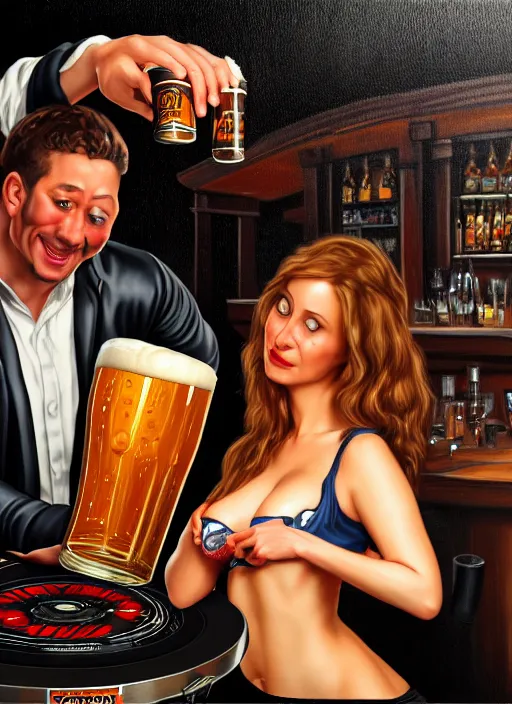 Prompt: image of large pint of beer and large technics dj table front of picture, in the backround man and a woman very drunk and dancing from octoberfest, dark backround, highly detailed, digital illustration, trending in artstation, modern painting, smooth, sharp focus, intricate, einar jonsson and bouguereau