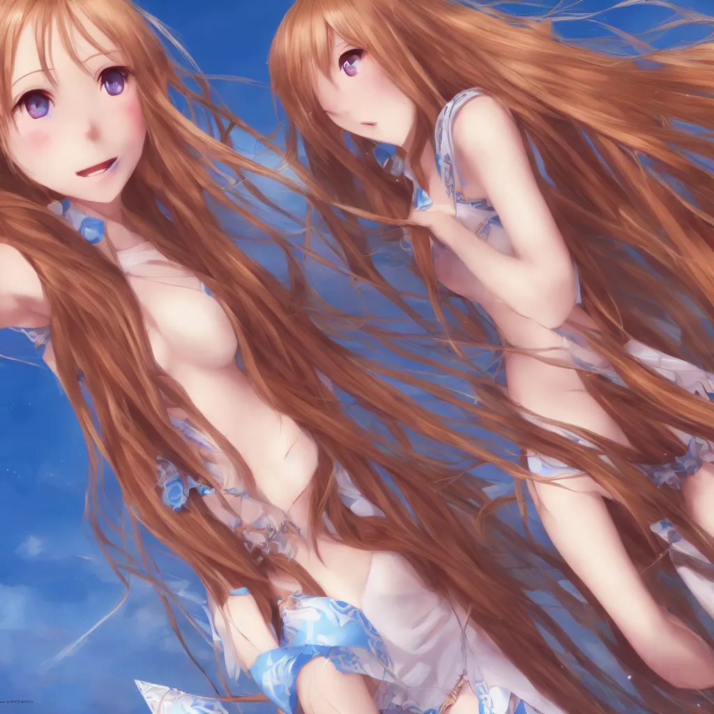Image similar to a very beautiful young yuuki asuna, full body, long wavy blond hair, sky blue eyes, full round face,, bikini, miniskirt, front view, mid - shot, highly detailed, cinematic wallpaper by stanley artgerm lau