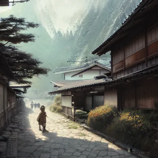 Image similar to walking around rural shirakawa - go, gifu, japan. volumetric lighting, spring late morning, nice slight overcast weather, realistic illustration, perfectly shaded, soft painting, low angle, art by krenz cushart and wenjun lin