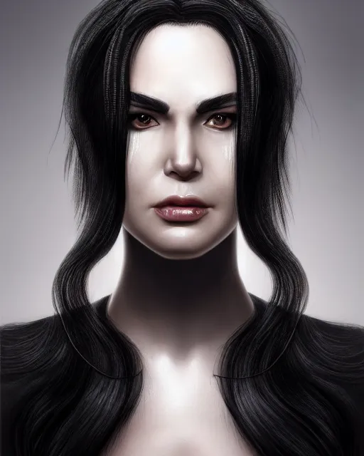 Image similar to portrait of a tall 4 0 - year - old woman with thin lips, long, lush black hair gathered on the head bun, and thick eyebrows, haughty facial expression, wearing in black clothes, aristocratic appearance, hyper realistic face, beautiful eyes, character art, art by mark brooks, hyperdetailed, cryengine, trending on artstation, digital art