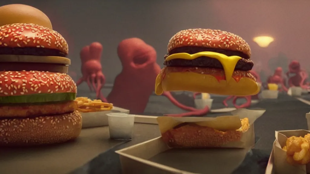 Image similar to the strange cheeseburger creature at the fast food place, film still from the movie directed by denis villeneuve and david cronenberg with art direction by salvador dali and zdzisław beksinski, wide lens