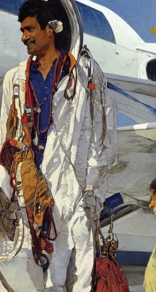 Prompt: close up of an Indian doctor in scrubs disembarking from an airplane at Heathrow in 2022, sun shining, photo realistic illustration by greg rutkowski, thomas kindkade, alphonse mucha, loish, norman rockwell.