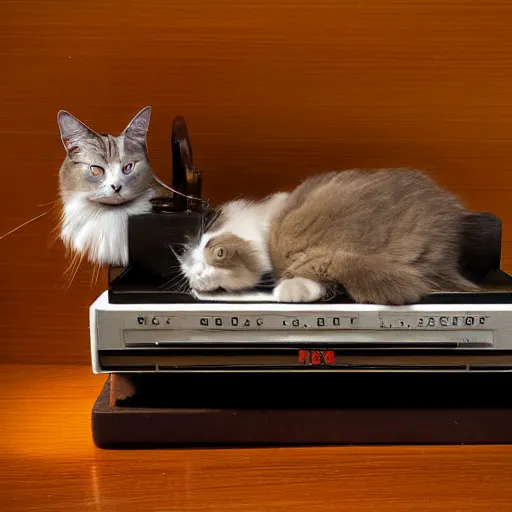 Image similar to ragdoll cat sleeping on a mid - century radio, soft cinematic lighting, realistic photograph,