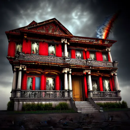 Prompt: A photorealistic 3d render of Invincible Mark Grayson, Volume, Full, ominous, magical realism, texture, intricate, ornate, royally decorated, android format, windows, many doors, roofs, complete house , whirling smoke, embers, red adornments, red torn fabric, radiant colors, fantasy, trending on artstation, volumetric lighting, micro details, 3d sculpture, ray tracing, 8k