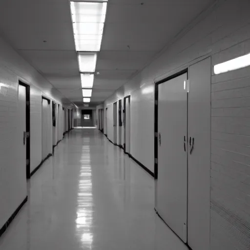 Prompt: the interior of an empty school hallway, small, cramped, dim fluorescent lighting