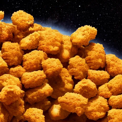 Prompt: An asteroid field made of chicken nuggets. photorealistic, 8k, cinematic