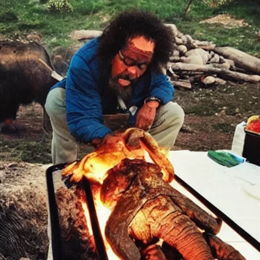 Prompt: “color photo of a Neanderthal man taking an iPhone photo of a mammoth cooking on the grill, National Geographic , anthropology photo”