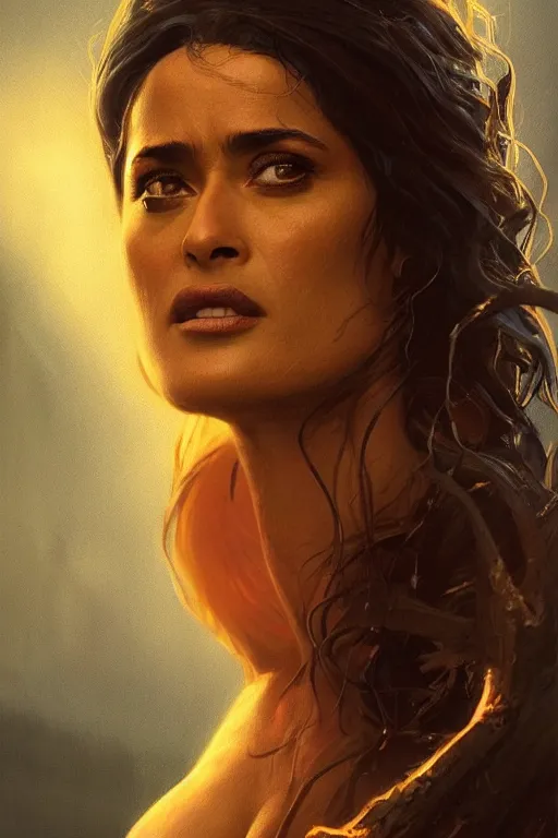 Prompt: portrait, Salma Hayek as a sorceress, dramatic lighting, cinematic, establishing shot, high detail, photo realistic, cinematic lighting, post processed, concept art, artstation, matte painting, style by eddie mendoza, raphael lacoste, alex ross