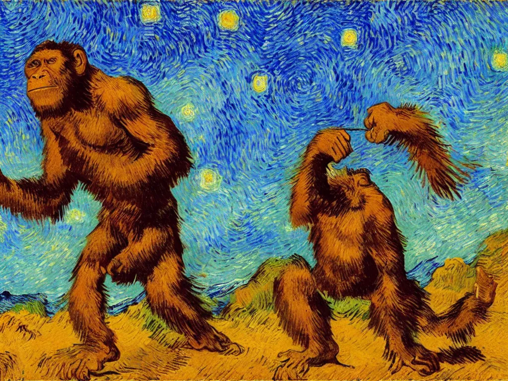 Image similar to bright beautiful oil painting of a primitive ape throwing a rock in kalahari desert, light scatter, van gogh