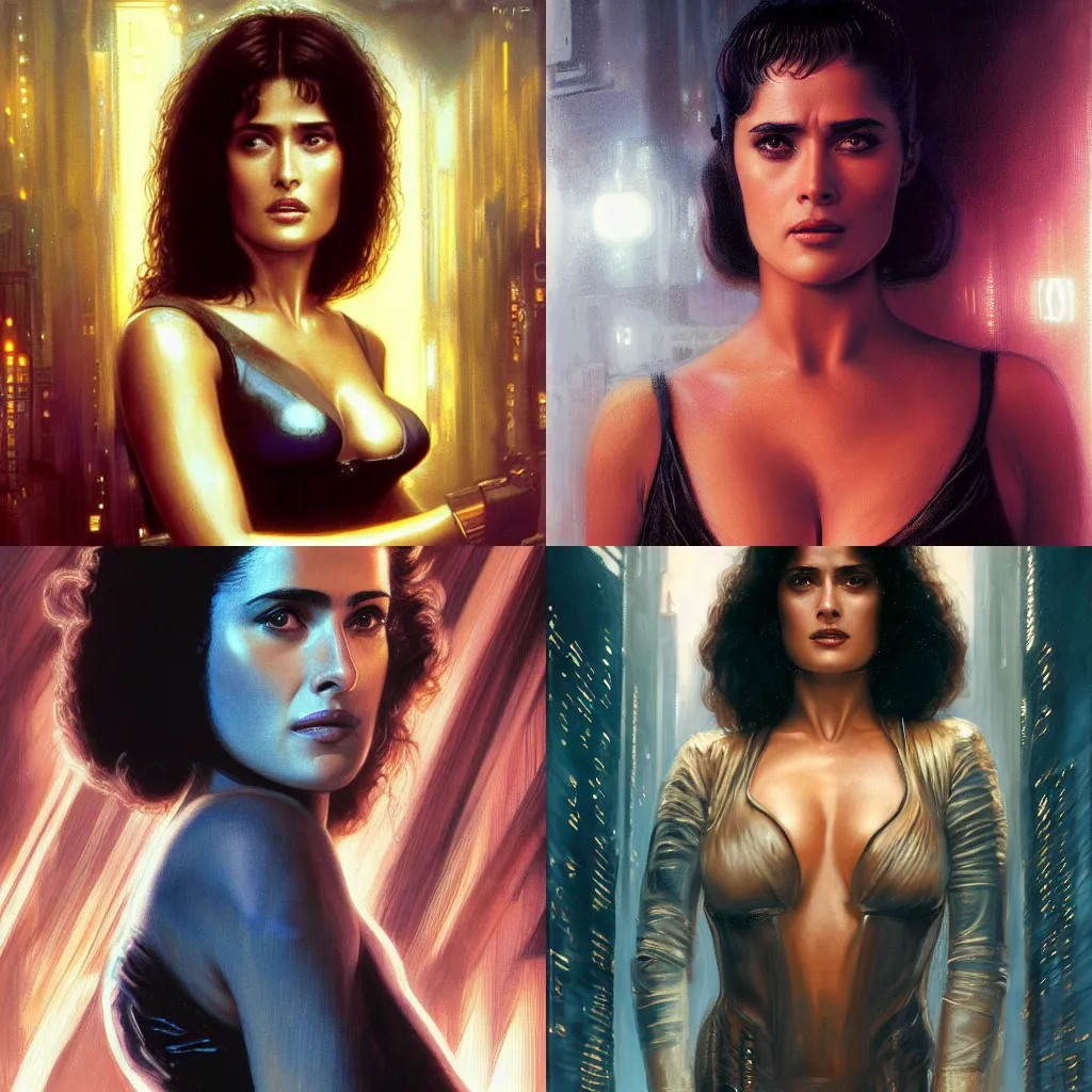 Image similar to young Salma Hayek as a replicant from blade runner, detailed, centered, digital painting, artstation, concept art, donato giancola, Joseph Christian Leyendecker, WLOP, Boris Vallejo, Breathtaking, 8k resolution, extremely detailed, beautiful, establishing shot, artistic, hyperrealistic, beautiful face, octane render