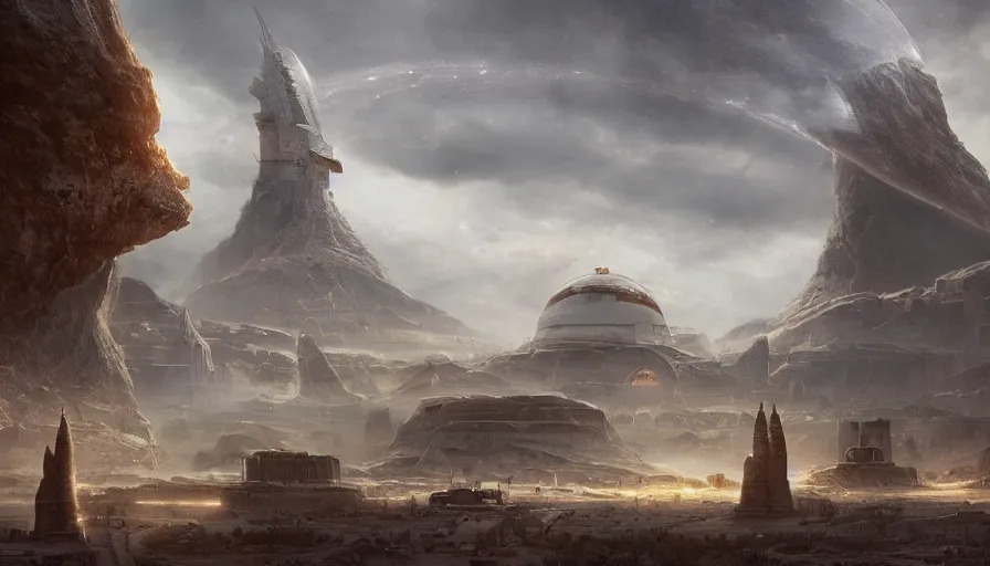 Image similar to a giant alien ufo high tech spaceship eerily hovering on nineveh on mesopotamia city landscape with beautiful shrines by greg rutkowski, artgerm, ross tran, magali villeneuve, intricate, time travel theme, audince in awe, spectacle, audience sorrounding, award winning, octane render, masterpiece, 8 k, beautiful