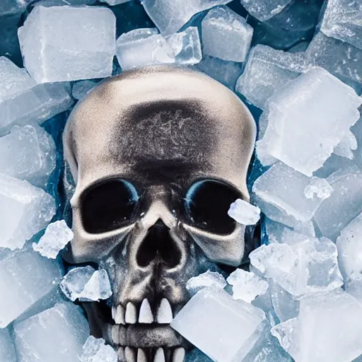 Prompt: a robotic skull encased in frozen ice cube