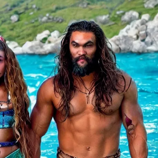 Image similar to A still of Jason Momoa and Ariana Grande and Ariana Greenblatt in the 2023 Waterworld reboot