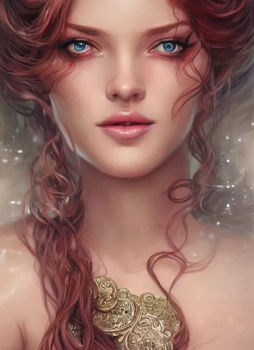 Image similar to glamorous princess ariel portrait, seductive eyes and face, elegant, very detailed face, studio lighting, photorealism, portrait by magali villeneuve and steve argyle, livia prima, mucha, dress, fantasy art, beautiful, artstation, trending on artstation, intricate details, alluring, masterpiece