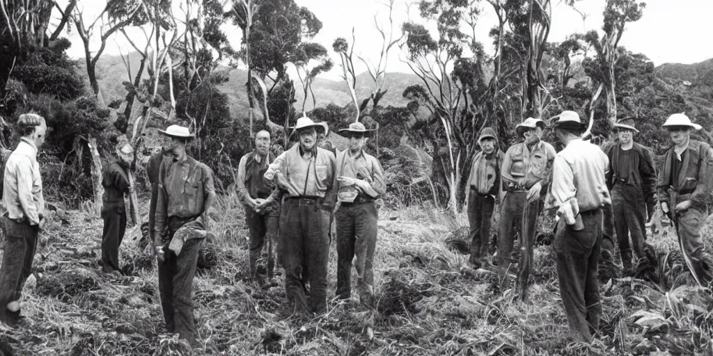Prompt: louis theroux interviewing kauri loggers at great barrier island, new zealand 1 9 2 0's