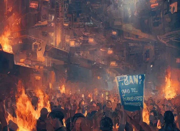 Image similar to protesters holding placards, detailed digital illustration by greg rutkowski, fire, android netrunner