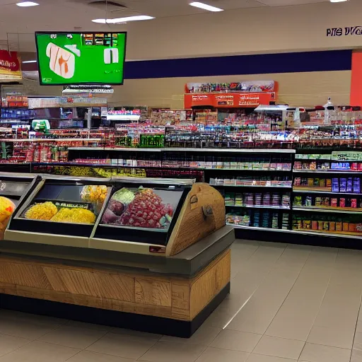 Prompt: grocery store checkout lane combined with television for people to watch. photography. 4 k. realistic.