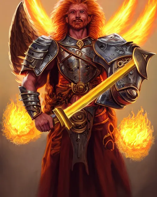 Prompt: dnd character portrait of a brawny male leonin warrior lion angel of justice, with fiery golden wings of flame, wearing shining armor, wielding a flaming sword and holding a large fiery shield, by peter mohrbacher, mark brooks, jim burns, wadim kashin, greg rutkowski, larry elmore, esao andrews, trending on artstation