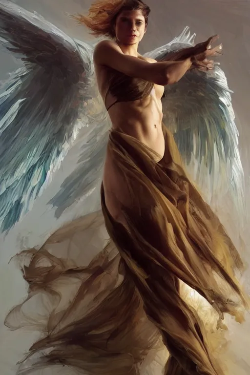 Image similar to >> dynamic professional painting of a beautiful godness archangel action pose , avant garde style olive skin, long hair, symmetrical facial features, intricate, elegant, digital painting, concept art, smooth, sharp focus, illustration, by Ruan Jia and Mandy Jurgens and Artgerm and William-Adolphe Bouguerea