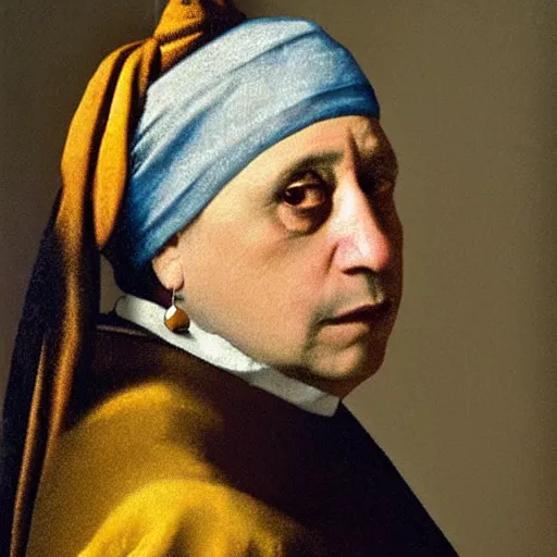 Image similar to Danny Devito with a pearl earring by Johannes Vermeer