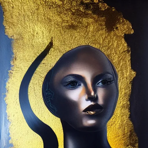 Image similar to liquid marble acrylic fluid paint, portrait, golden and black liquid materials, abstract art, beautiful female model standing, octadecahedrals, semi realism, surreal