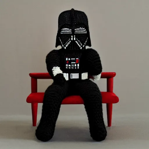 Prompt: knitted doll dart vader sitting on a chair, lethal preservation, proportions, high quality, realism, foreground focus,