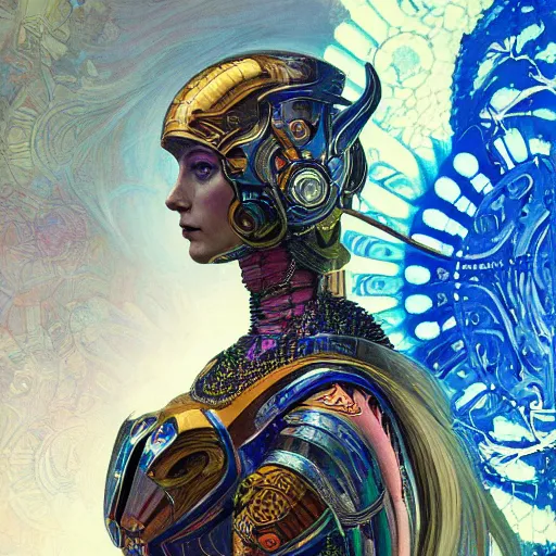 Image similar to psychedelic portrait of a beautiful android warrior woman, armor suit, blue eyes, intricate, elegant, highly detailed, trippy, dmt, digital painting, artstation, concept art, smooth, sharp focus, illustration, art felix kelly and greg rutkowski and alphonse mucha