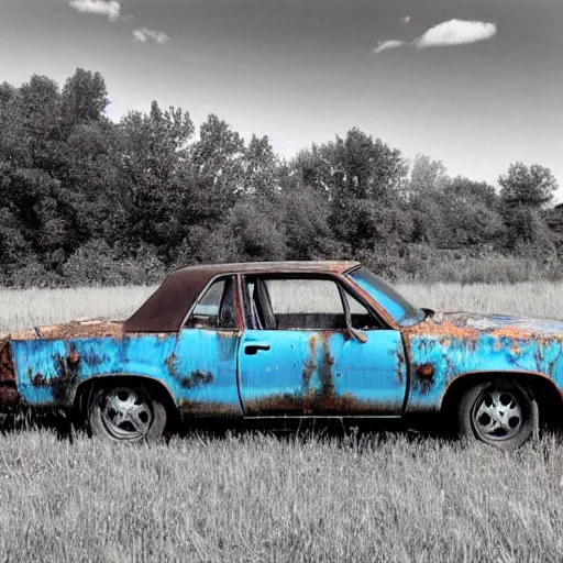 Image similar to A long shot photograph of a rusty, worn out, broken down, decrepit, run down, dingy, faded, chipped paint, tattered, beater 1976 Denim Blue Dodge Aspen in a farm field, photo taken in 1989